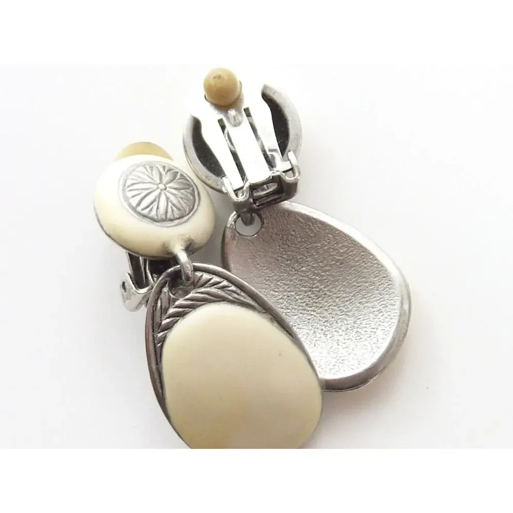 Vintage Silver Tone Cream Enamel Oval Drop Dangle Earrings Estate Jewelry